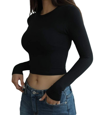 Women Crop Tops Cotton Long Sleeves Crop Top Boatneck Crop Top Tee Knit Long Sleeves T-Shirt Blouses.